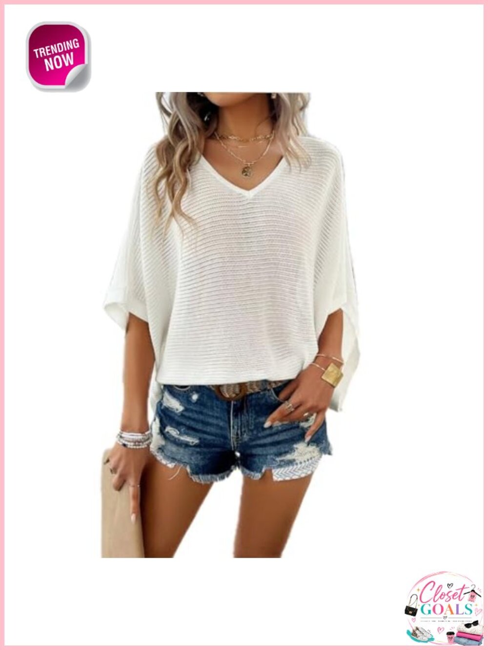 Women's Knit Crochet Hollow Out V-Neck Short Sleeve Oversized Sweater Top